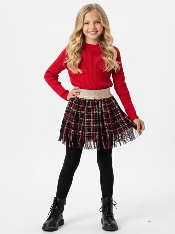سكيرت كاروهات أحمر وأسود بناتي – ملابس أطفال شتوي فاخرة
