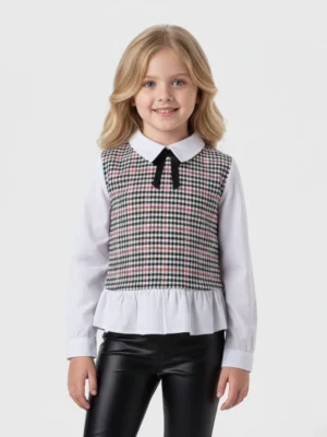 بلوزة بناتي كاروهات أبيض وأسود – ملابس أطفال شتوي أنيقة