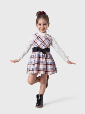 دريس شتوي بناتي كاروهات وحزام فيونكة ساتان – فستان أطفال مقاس 2