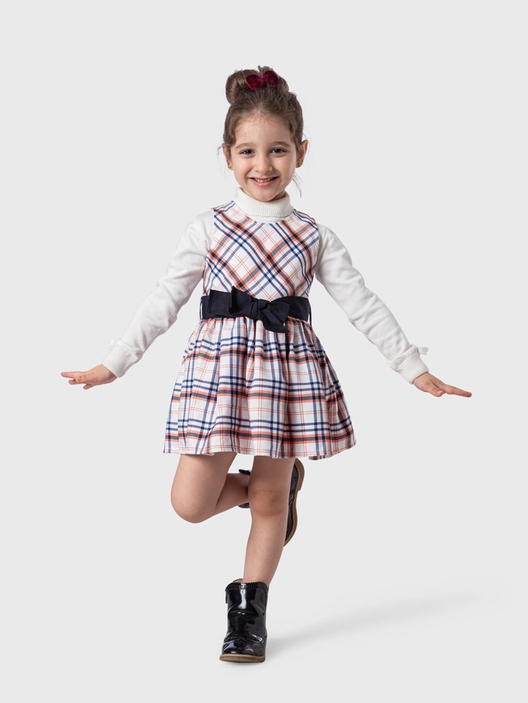 دريس شتوي بناتي كاروهات وحزام فيونكة ساتان – فستان أطفال مقاس 2