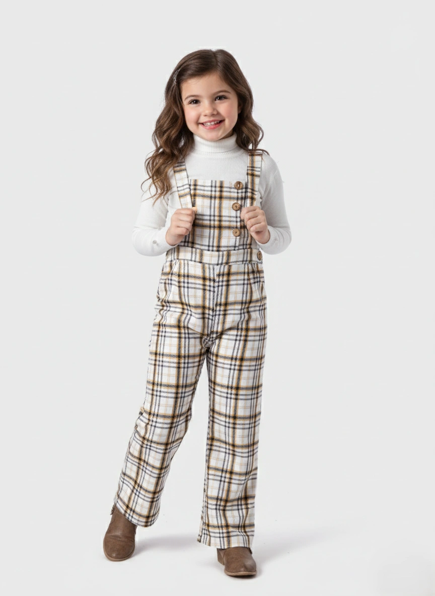 سالوبيت شتوي بناتي كاروهات بقصّة عريضة وأزرار – جمبسوت أطفال مقاس 2