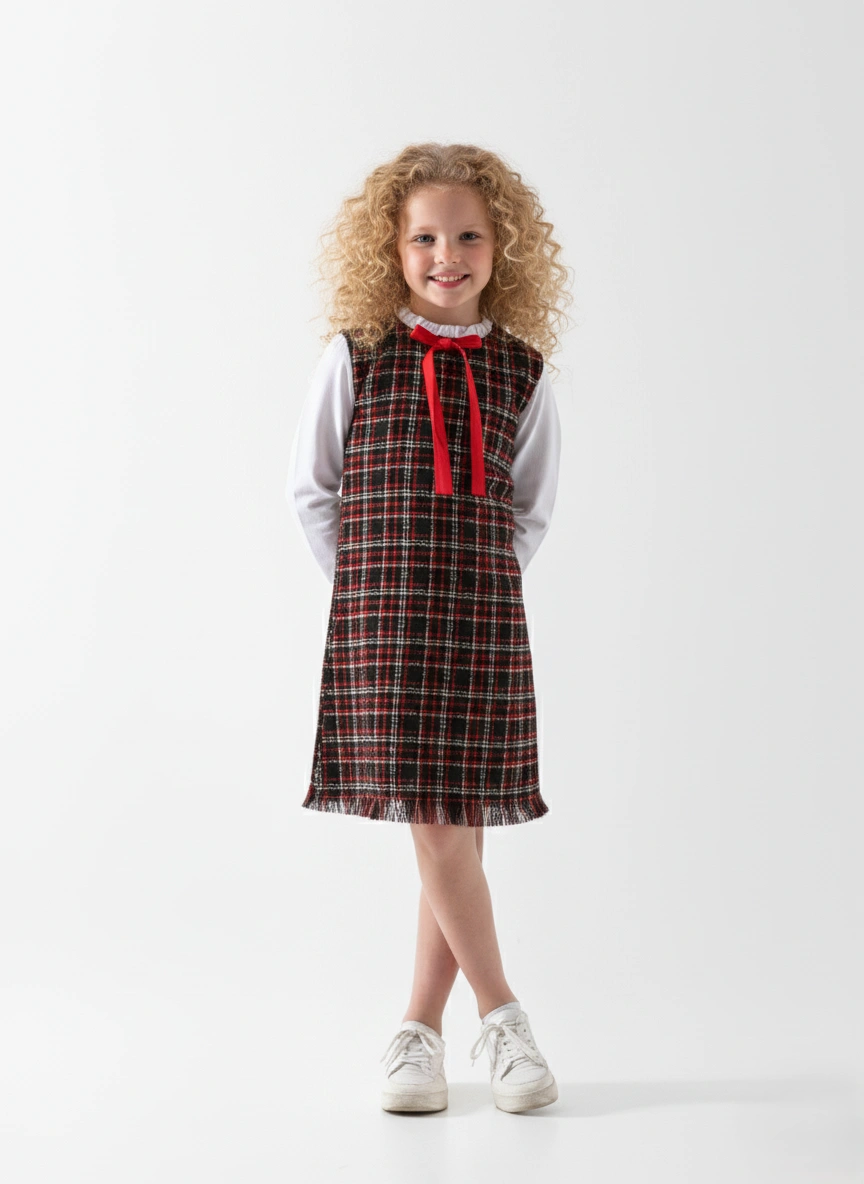 دريس شتوي بناتي تويد كاروهات وأشرطة حمراء – فستان أطفال مقاس 4