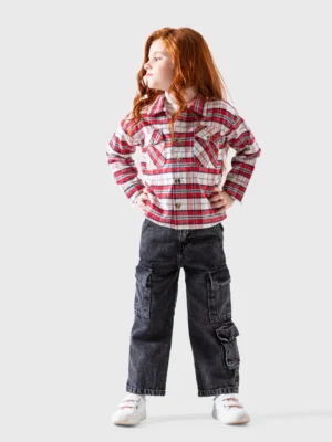 شميز شتوي بناتي فلانيل. نقشة كاروهات باللون الأحمر والأبيض مع جيوب على الصدر.