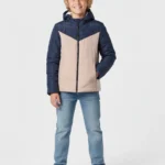 جاكيت شتوي أولادي منفوخ مبطن كحلي وبيج بقلنسوة – جاكيت أطفال مقاس 4-14