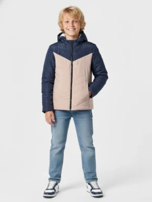 جاكيت شتوي أولادي منفوخ مبطن كحلي وبيج بقلنسوة – جاكيت أطفال مقاس 4-14