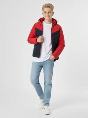 جاكيت شتوي أولادي منفوخ مبطن أحمر وكحلي بقلنسوة – جاكيت أطفال مقاس 4-14