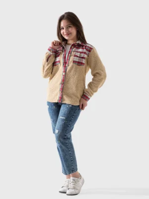 شميز جاكيت فرو بناتي أبيض بتطعيمات كاروهات – شميز فرو شتوي بناتي