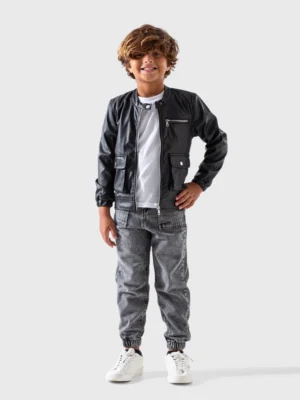 جاكيت جلد أولادي أسود بتصميم بومبر – جاكيت شتوي مقاس 6-8