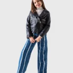 جاكيت جلد بناتي أسود لامع بشراشيب فضية – جاكيت شتوي مقاس 8-10