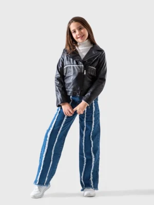 جاكيت جلد بناتي أسود لامع بشراشيب فضية – جاكيت شتوي مقاس 8-10