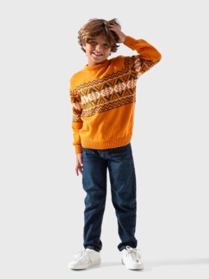 بلوفر أولادي شتوي صوف بخطوط أفقية متعددة الألوان (أحمر وأخضر وأبيض).