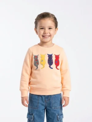 سويت شيرت بناتي خوخي بتطريز قطط – ملابس أطفال شتوية أنيقة