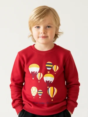 سويت شيرت أحمر أولادي برسومات مناطيد ملونة – ملابس أطفال شتوي