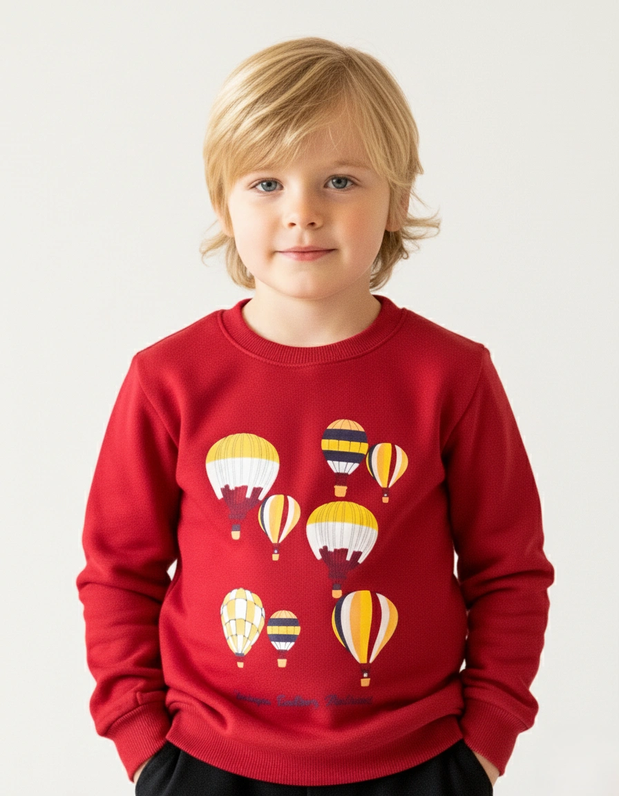 سويت شيرت أحمر أولادي برسومات مناطيد ملونة – ملابس أطفال شتوي