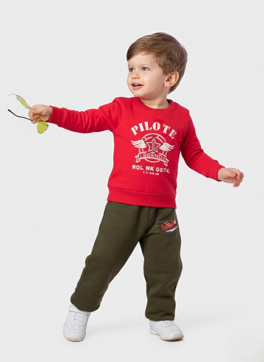 بيجامة أولادي شتوي أحمر وزيتي – ملابس أطفال شتوية