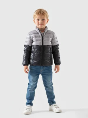 جاكيت مبطن أولادي رمادي وأسود – ملابس أطفال شتوي أنيق