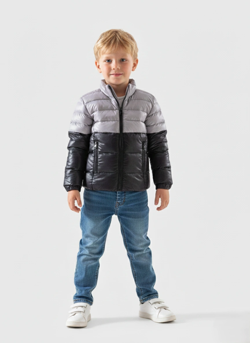 جاكيت مبطن أولادي رمادي وأسود – ملابس أطفال شتوي أنيق