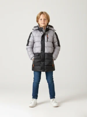 جاكيت مبطن أولادي رمادي وأسود – ملابس أطفال شتوي فخم