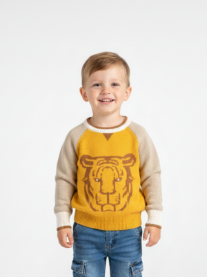 سويتر تريكو أولادي أصفر بتصميم نمر – ملابس أطفال شتوي أنيق