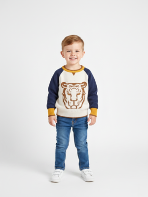 سويتر تريكو أولادي أبيض وكحلي بتصميم نمر – ملابس أطفال شتوي فاخرة
