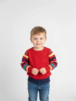 سويتر أحمر مخطط أولادي - ملابس أطفال شتوي أنيق