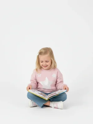 سويت شيرت بناتي وردي بنجوم - ملابس أطفال بنات خروج شتوي