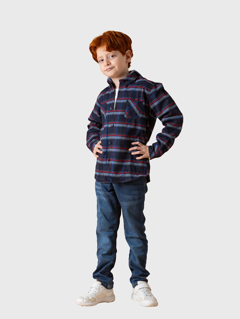 قميص كاروهات كحلي وأحمر – ملابس أطفال أولادي كبير خريفي