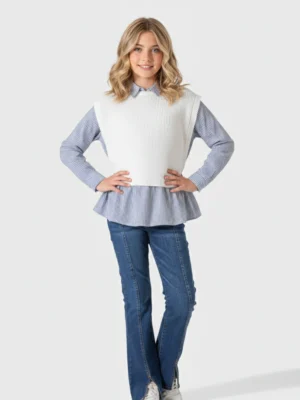 جيليه تريكو أبيض بناتي – ملابس أطفال خريفية راقية