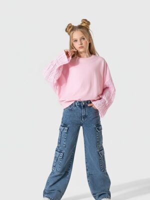 بلوزة بناتي خريفي وردي وأزرق – ملابس أطفال راقية