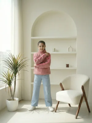 بلوفر بناتي وردي تريكو هاي كول – ملابس أطفال شتوي راقية