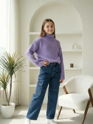 بلوفر بناتي موف تريكو أوفر سايز – ملابس أطفال شتوي راقية