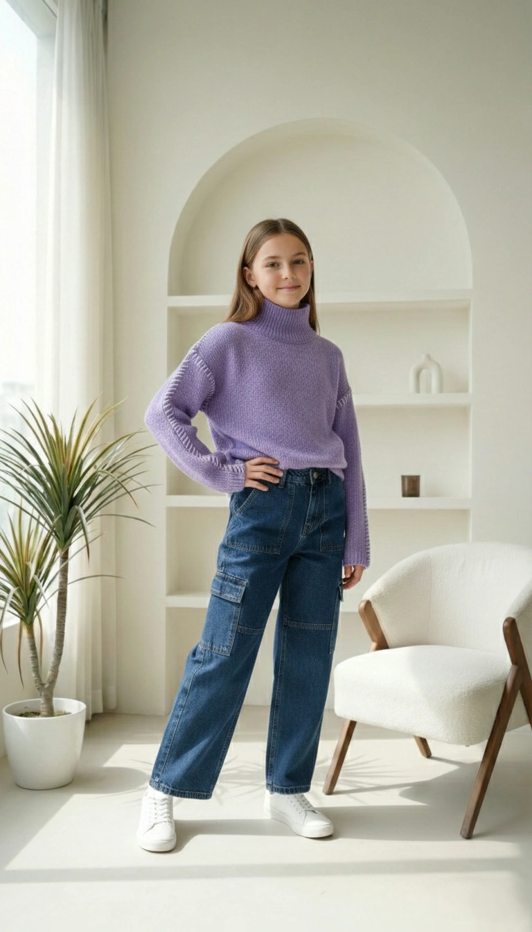 بلوفر بناتي موف تريكو أوفر سايز – ملابس أطفال شتوي راقية