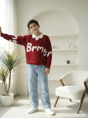 بلوفر أولادي نبيذي صوف – ملابس أطفال شتوي فاخرة