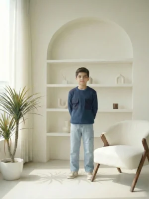 بلوفر أولادي كحلي بجيوب – ملابس أطفال شتوي كاجوال