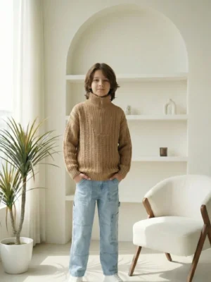 بلوفر أولادي هافان تريكو مضلع بسحاب – ملابس أطفال شتوية