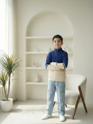 بلوفر أولادي كحلي وسكري بنصف سوستة – ملابس أطفال شتوي راقي