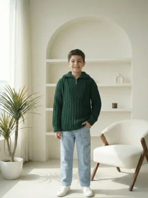 بلوفر أولادي زيتي تريكو مضلع بسحاب – ملابس أطفال شتوية