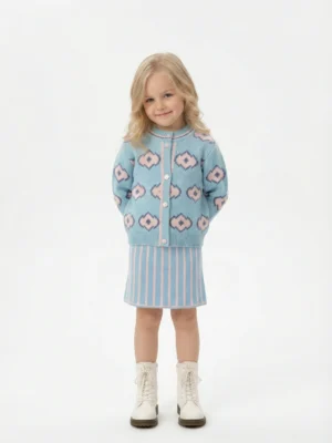 سوت تريكو بناتي لبني قطعتين – ملابس أطفال بنات للمناسبات