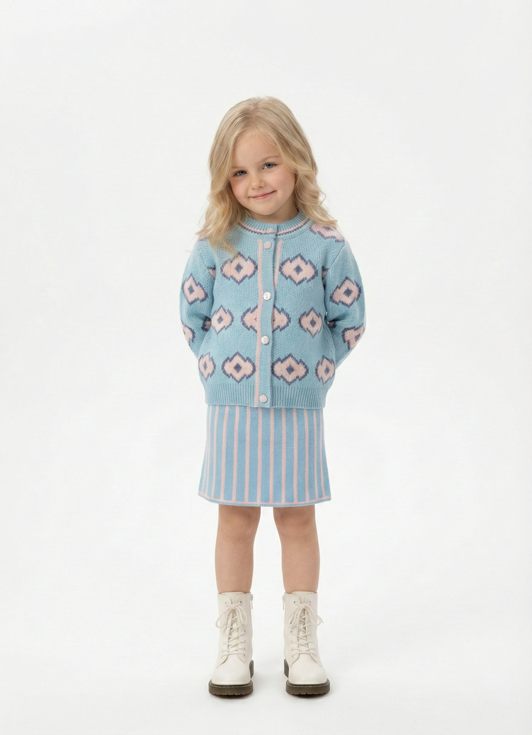 سوت تريكو بناتي لبني قطعتين – ملابس أطفال بنات للمناسبات