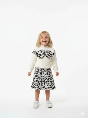 سوت بناتي أبيض تريكو بنقشة تايجر – ملابس أطفال شتوية فخمة