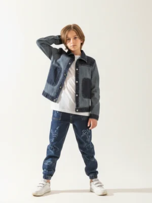 جاكيت جينز أولادي كحلي مخطط – ملابس أطفال خروج أنيقة