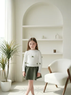 طقم خريفي بناتي جيبة زيتية وبلوزة بيضاء – ملابس أطفال بنات خروج