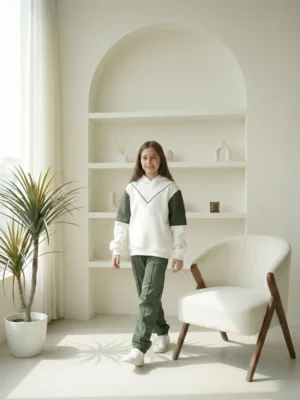 سوت بناتي شتوي سكري وزيتي – ملابس أطفال بنات خروج