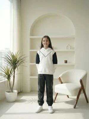 سوت بناتي شتوي سكري وأسود – ملابس أطفال بنات خروج