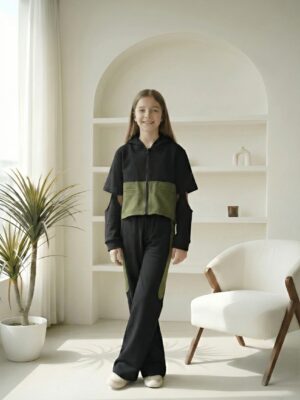 طقم هودي وبنطلون بناتي أسود وزيتي – ملابس أطفال خروج شتوي