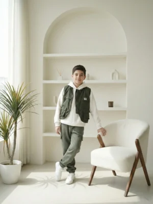 طقم أولادي خريفي 3 قطع زيتي – ملابس أطفال أولادي خروج