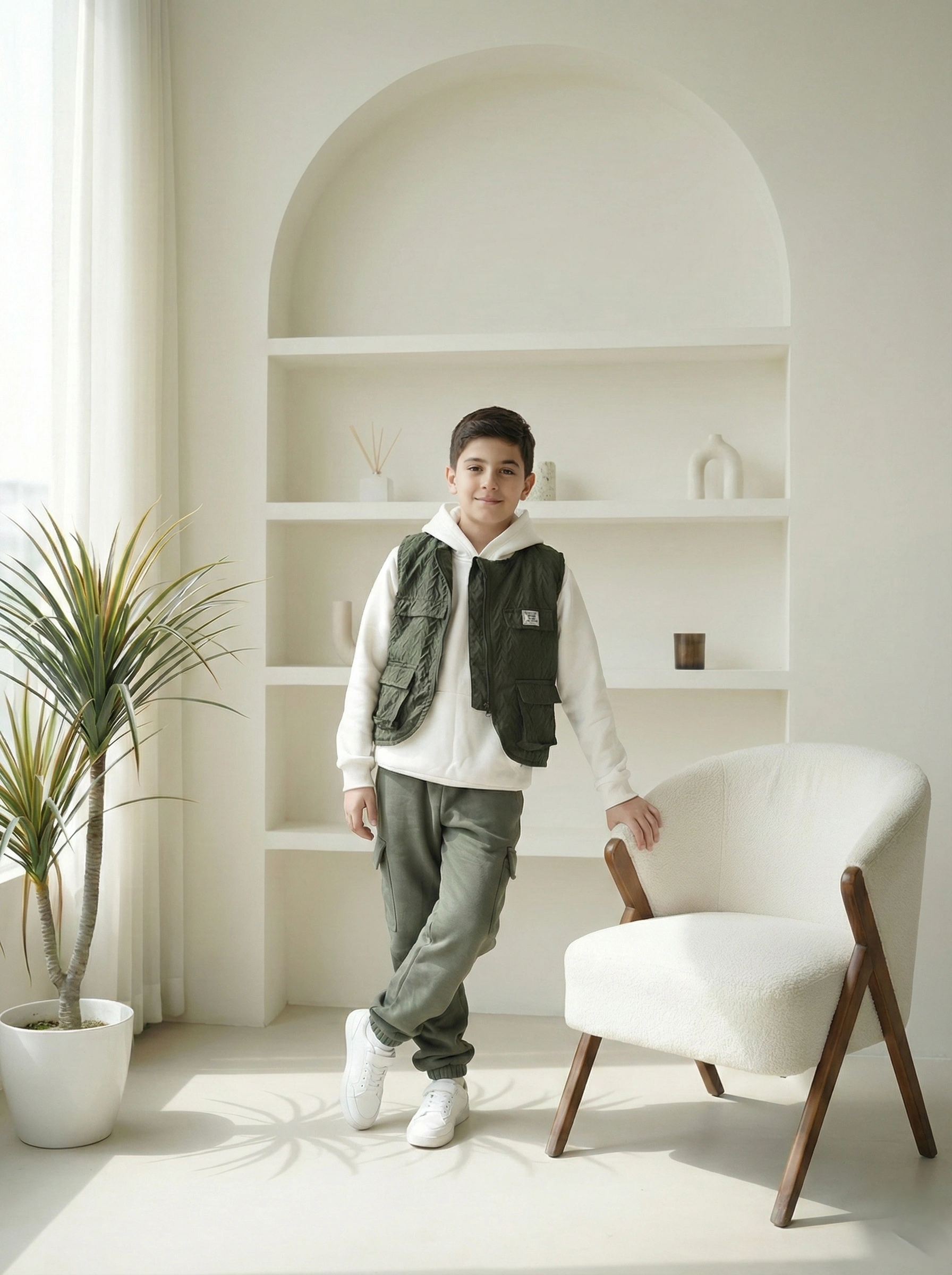 طقم أولادي خريفي 3 قطع زيتي – ملابس أطفال أولادي خروج