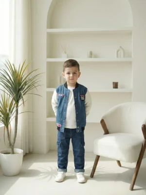 جاكيت جينز أولادي أزرق وأبيض خريفي – ملابس أطفال ولادي ماركات