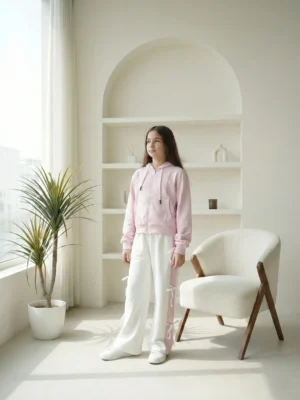 سويت شيرت بينك وبنطلون أبيض واسع بناتي - ملابس أطفال خريفي