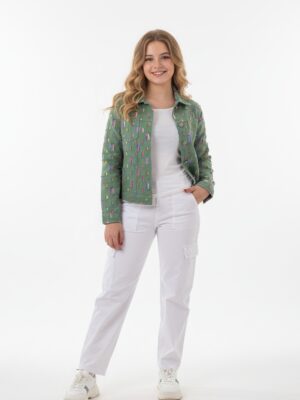 جاكيت جينز زيتي بناتي مطبوع - ملابس أطفال بنات خروج